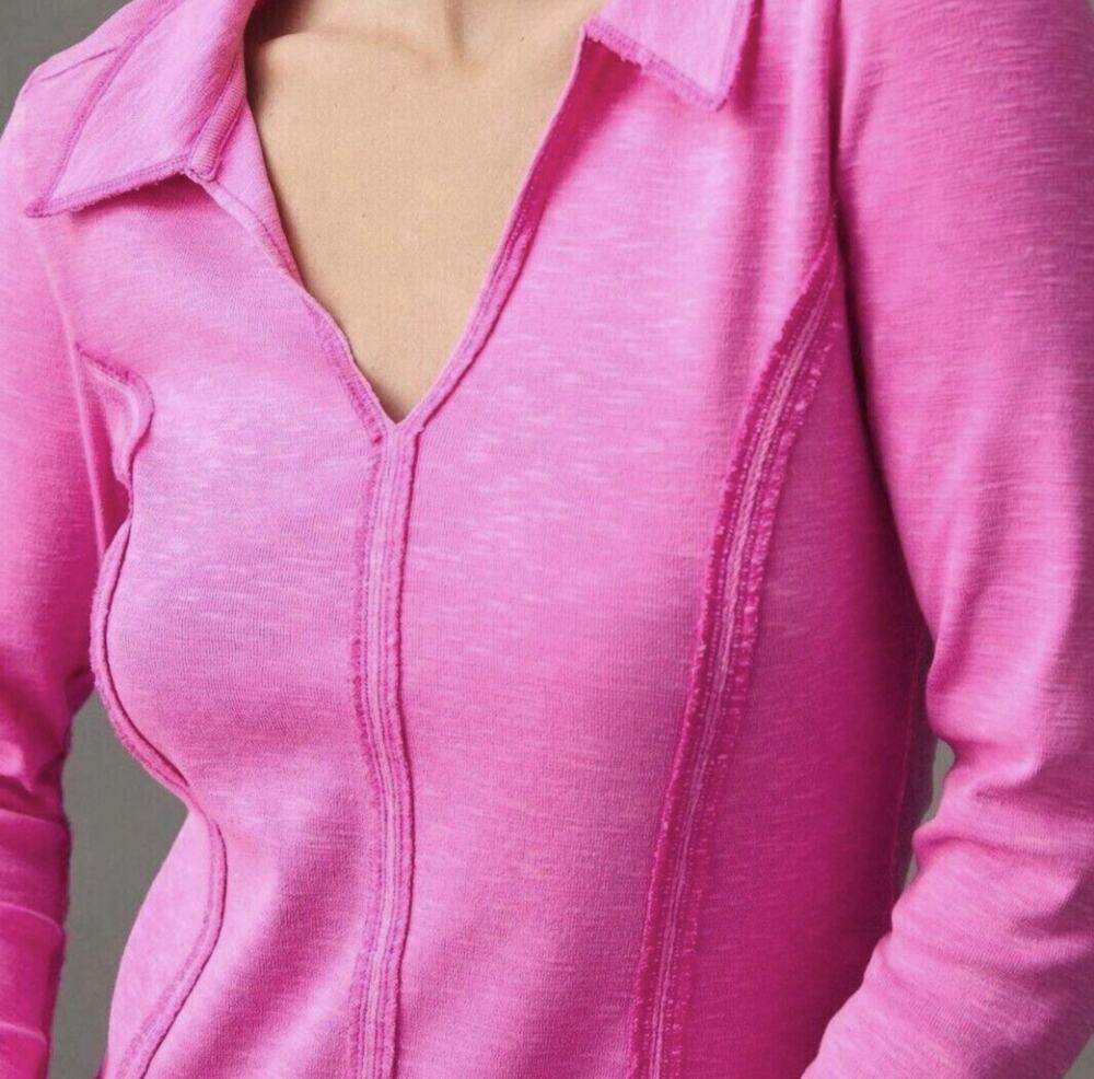 Pilcro Anthropologie Pink Collared Stitched Long Sleeve Top Sz L Barbie comfort